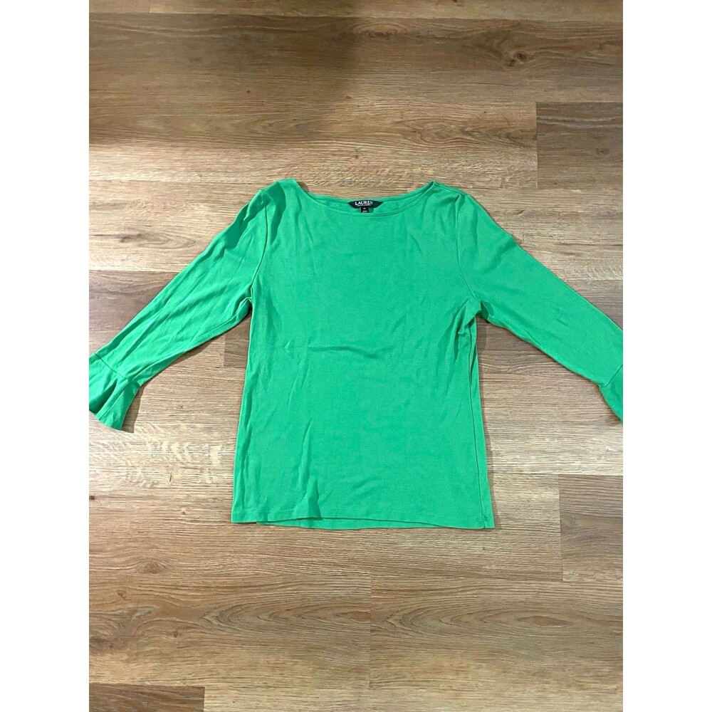 Lauren Ralph Lauren Green Boatneck Long Sleeve Top Ruffle Flared Cuff Women's XL